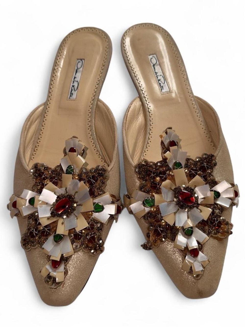 Oscar de la Renta Embellished Beige/Gold Suede Leather Mules - 41